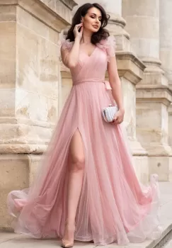 Rochie de seara lunga rose Nemesis cu glitter si flori 3D pe umeri imagine
