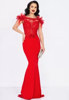 Rochie de seara Noely lunga rosie cu broderie pretioasa si fulgi imagine