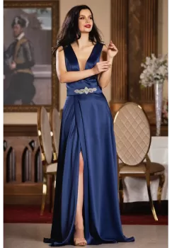 Rochie de seara Ophelia bleumarin lunga din tafta satinata imagine