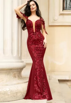 Rochie de seara pretioasa bordo cu insertii paietate imagine
