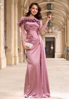 Rochie de seara rose din tafta Calliope cu flori de bujor 3D imagine