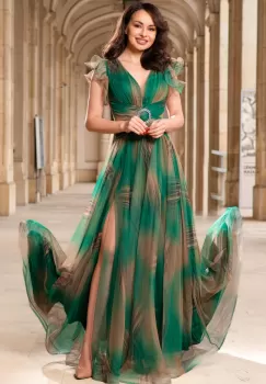 Rochie de seara verde lunga Tereza cu imprimeu tip pictura imagine