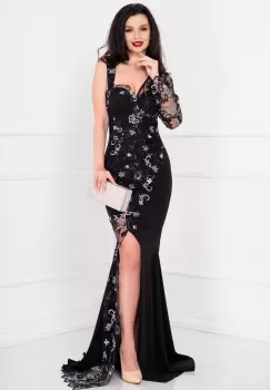 Rochie de seara Victoria neagra tip sirena cu broderie si flori 3D imagine