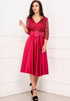Rochie de soacra midi din tafta bordo cu dantela la bust si centura pretioasa imagine