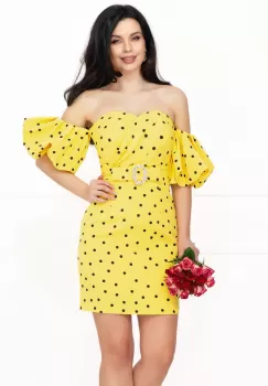 Rochie de zi galbena cu buline Layla cu maneci gogosar imagine