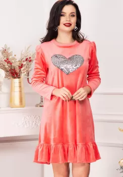 Rochie din catifea Alma roz cu inima din paiete imagine