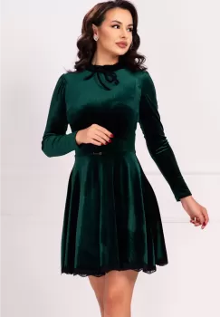Rochie din catifea premium Estelle verde in clos cu guler cret imagine