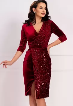 Rochie eleganta Amira cherry din catifea cu paiete pe o parte imagine