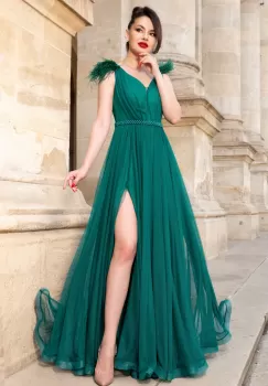 Rochie eleganta de seara lunga verde Gratiela cu perle in talie si fulgi pe umeri imagine