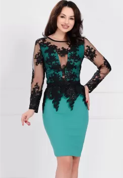 Rochie eleganta Elisson verde cu peplum detasabil brodat imagine