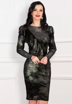Rochie eleganta Emrin neagra cu volan oblic si aspect de glitter auriu imagine