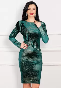 Rochie eleganta Emrin verde cu volan oblic si aspect de glitter auriu imagine