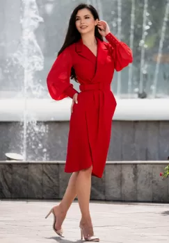 Rochie eleganta Kasia rosie cu fronseuri si maneci din voal imagine