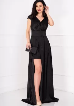 Rochie eleganta neagra dungata cu decupaj pe picior imagine
