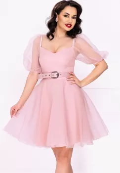 Rochie eleganta rose in clos din organza cu centura in talie imagine