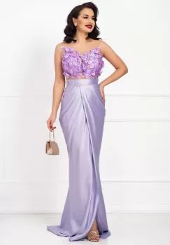 Rochie eleganta tip sirena Claire lila cu flori 3D si fronseuri imagine