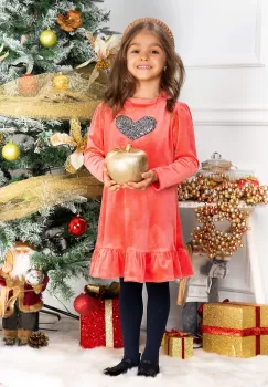 Rochie fetita Alma roz din catifea cu inima din paiete imagine