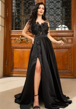 Rochie lunga Beatrice de lux tip printesa din tafta neagra cu flori 3D imagine