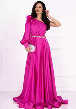 Rochie lunga de lux Medeea fucsia cu floare pe umar si detaliu pretios in talie imagine