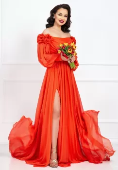 Rochie lunga de lux Mireya orange cu fronseuri si flori 3D imagine