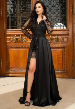 Rochie neagra de seara Ivette din dantela si fusta din tafta imagine