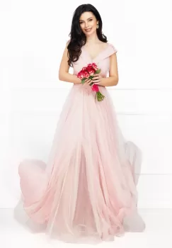Rochie pretioasa Evelyn lunga roz eleganta din tulle cu strassuri imagine