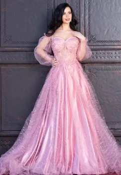 Rochie pretioasa rose Patrizia din tulle cu sclipici si margele imagine