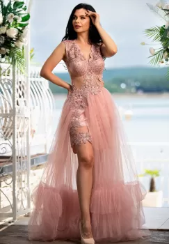 Rochie printesa Amaris roz cu dantela si tulle imagine