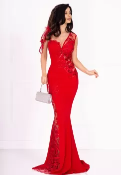 Rochie rosie de lux sirena Esther de seara cu flori brodate cu paiete si fulgi imagine