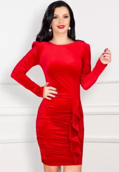 Rochie rosie din catifea Kamelis cu volan elegant imagine