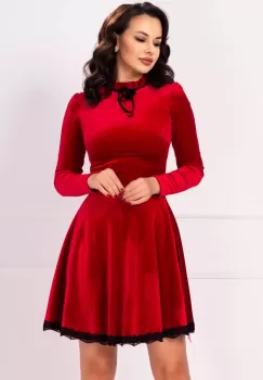 Rochie rosie eleganta Estelle din catifea in clos cu guler cret imagine