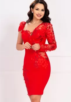 Rochie rosie Lydia eleganta cambrata cu flori 3D imagine