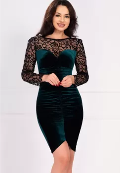 Rochie scurta Trisha din catifea verde cu fronseuri si maneci din tulle imagine