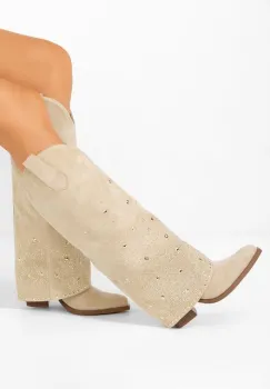 Cizme cu toc gros Millie bej imagine