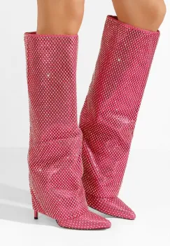 Cizme lungi cu toc subtire Josely fucsia imagine